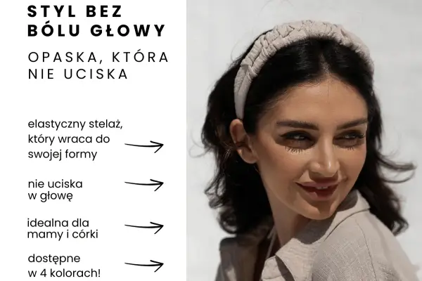 Kobieta z ciemnymi włosami nosi jasną, plecioną opaskę. To srebrna opaska do włosów, która nie uciska głowy, idealna dla mamy i córki.